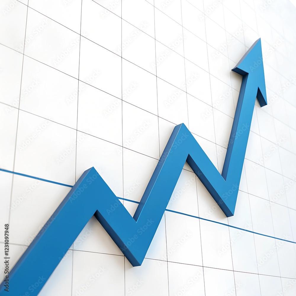Blue upward arrow graph showing rising trend isolated on white grid line background Blue upward arrow graph showing rising trend isolated on white grid line background