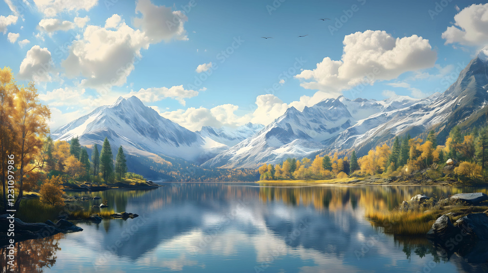 Naklejka premium Serene Mountain Landscape With Crystal Clear Lake Reflecting Autumn Colors Under a Bright Blue Sky. Generative AI