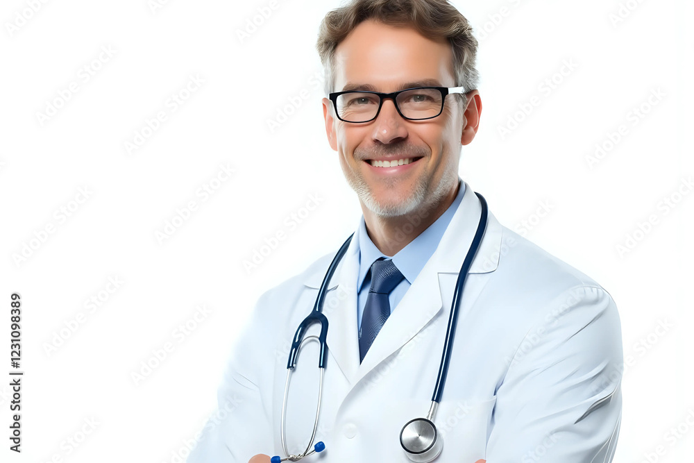 Man portrait of a doctor wearing a white coat and eyeglasses and a stethoscope looking into the camera on a white isolated background, copy space, space for text, health. Man portrait of a doctor wearing a white coat and eyeglasses and a stethoscope looking into the camera on a white isolated background, copy space, space for text, health.
