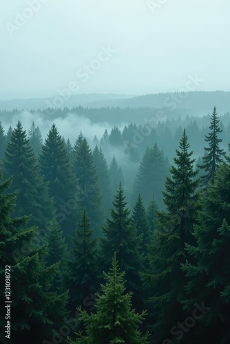 A vast expanse of misty spruce forest stretching towards the horizon, wet weather, woodland, nature