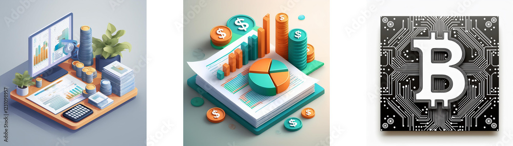 Isometric illustrations depict a workspace, financial data, and a Bitcoin. The images represent modern business, finance, and cryptocurrency. Isometric illustrations depict a workspace, financial data, and a Bitcoin. The images represent modern business, finance, and cryptocurrency.