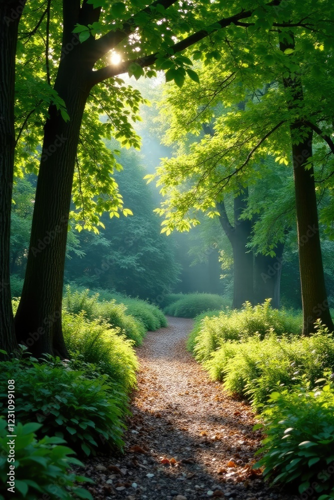 Fototapeta premium Dappled light filtering through the trees in the garden of Botanique Jardin Brest, foliage, trees
