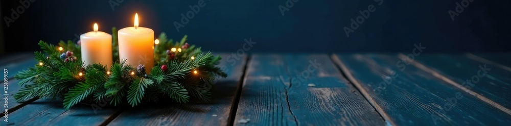 Dark blue wooden table with lit green advent wreath, wood, dark blue