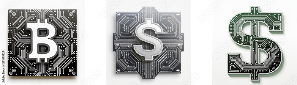 Three currency symbols Bitcoin, US dollar, and dollar sign are displayed as square icons with circuit board designs. This visual represents digital and traditional finance. Three currency symbols Bitcoin, US dollar, and dollar sign are displayed as square icons with circuit board designs. This visual represents digital and traditional finance.