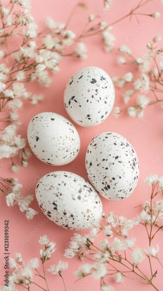 Three white speckled eggs adorned with black spots rest elegantly on a soft pink surface, symbolizing the beauty of Easter celebrations. Three white speckled eggs adorned with black spots rest elegantly on a soft pink surface, symbolizing the beauty of Easter celebrations.