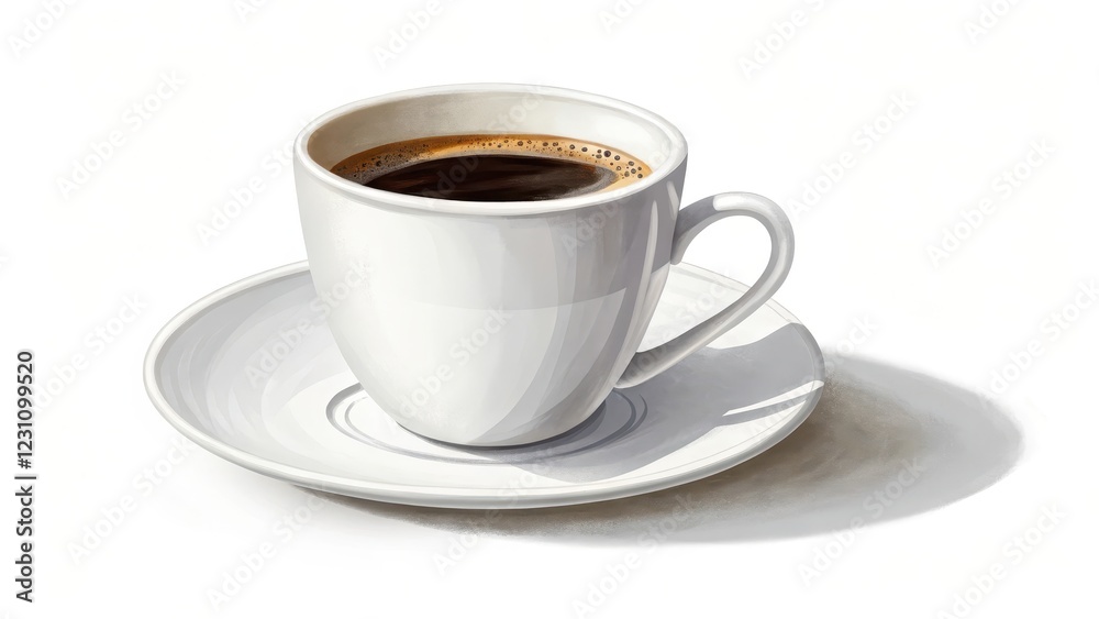 Obraz premium A steaming cup of black coffee rests on a pristine white saucer, casting a gentle shadow on a bright white background.