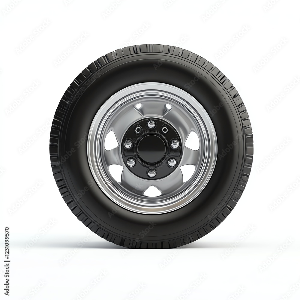 Silver alloy wheel with a black tire on a white isolated background. Silver alloy wheel with a black tire on a white isolated background.