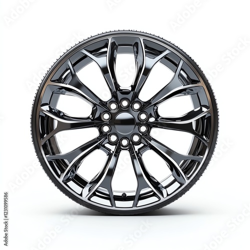 Stylish black alloy wheel on a white isolated background.