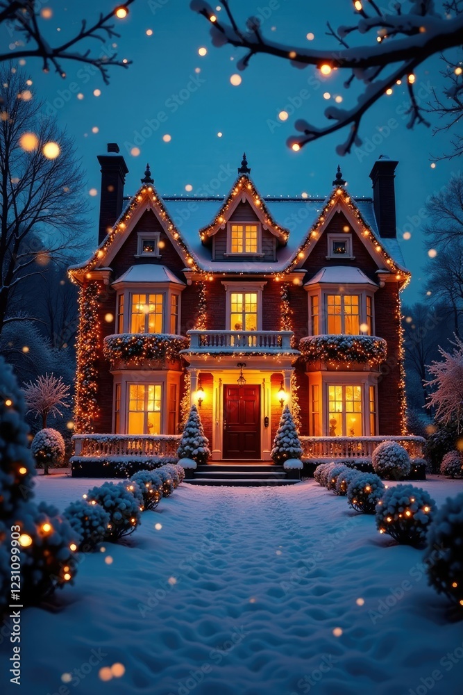 Fototapeta premium Dazzling fairy lights adorn the mansion's facade with snowflakes, elegant, high-end