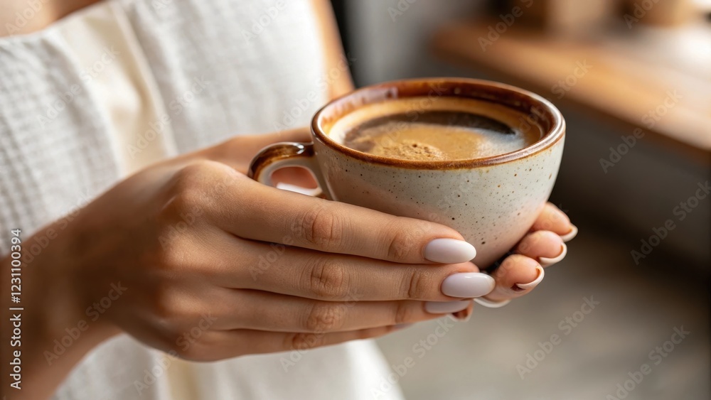 A woman's hands delicately cradle a warm cup of coffee, enjoying a moment of quiet relaxation. A woman's hands delicately cradle a warm cup of coffee, enjoying a moment of quiet relaxation.