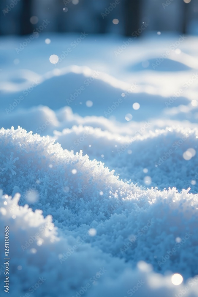 Frosty snow-covered ground with shimmering silver glitter, winter, wintry, snowy