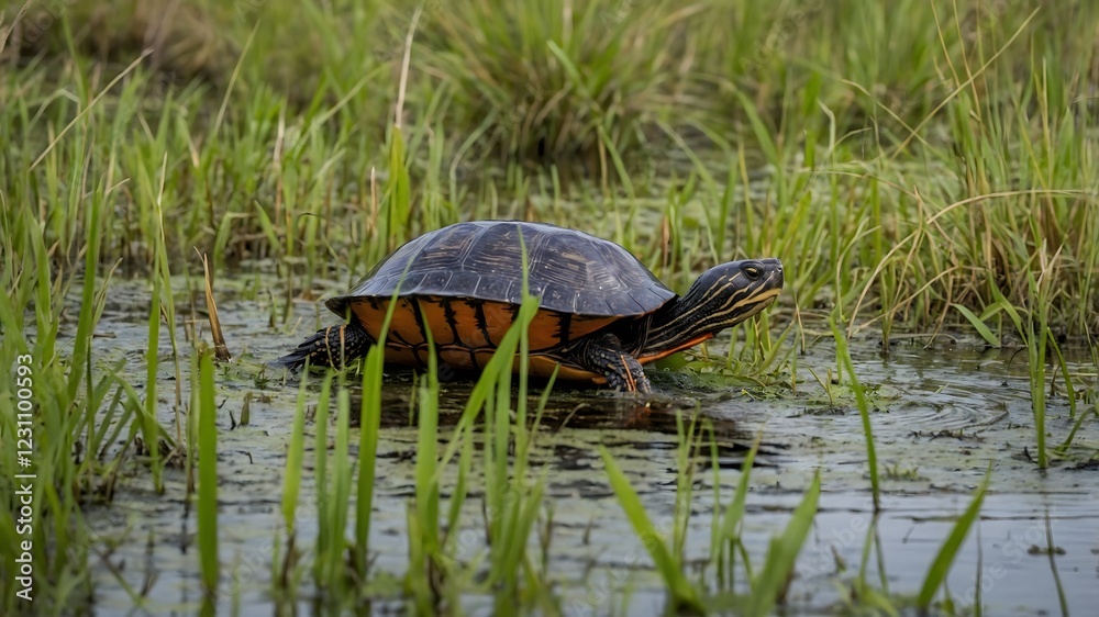 Fototapeta premium Cooter's Expedition: Navigating the Marsh to Reach the Water