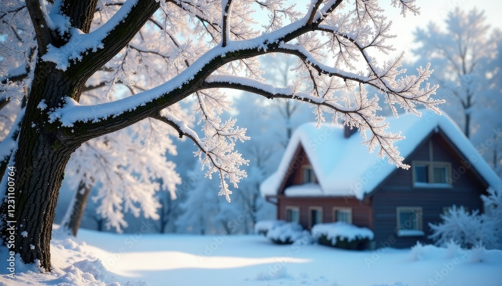 Frosty tree limbs stretch above snowy roof beams, winter wonderland, winter landscape Frosty tree limbs stretch above snowy roof beams, winter wonderland, winter landscape