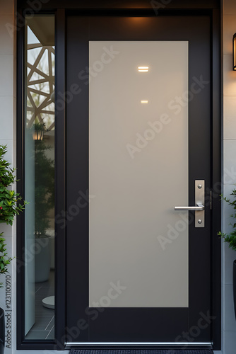 Modern Minimalist House Entrance with Frosted Glass Panel Door and Black Frame