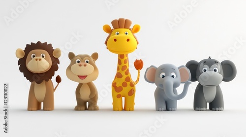 3d rendering picture of cartoon zoo animals. Lion, giraffe, bear, monkey and elephant photo