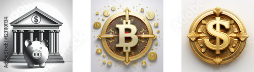 Traditional banking vs. cryptocurrency: a piggy bank before a classical bank building, bitcoin symbol, and a golden dollar sign.  The future of finance. photo