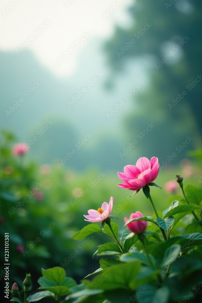 Gentle pink blooms unfold amidst lush greenery, misty background, ethereal landscape, serene atmosphere Gentle pink blooms unfold amidst lush greenery, misty background, ethereal landscape, serene atmosphere