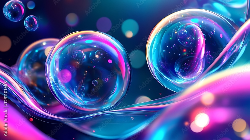 Abstract Neon Bubbles Floating in a Fluid Wave
