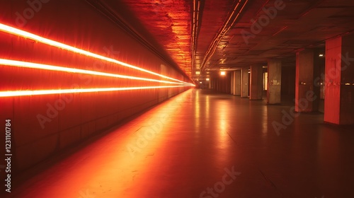 Orange Lit Underground Passageway With Concrete Pillars