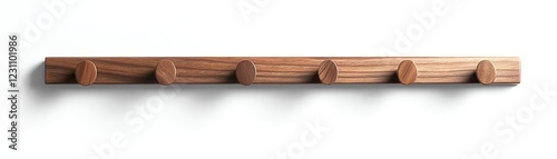 Wooden wall hook rack with five round pegs, white isolated background.