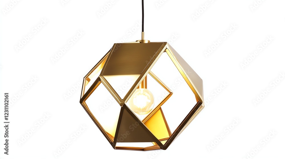 Geometric pendant lamp design with warm light, isolated on a white background. Geometric pendant lamp design with warm light, isolated on a white background.