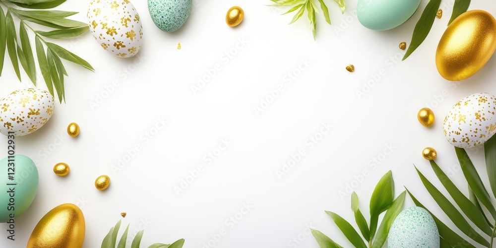 A detailed view of gold and green Easter eggs set against a pristine white background, symbolizing the spirit of renewal and celebration during the holiday. A detailed view of gold and green Easter eggs set against a pristine white background, symbolizing the spirit of renewal and celebration during the holiday.