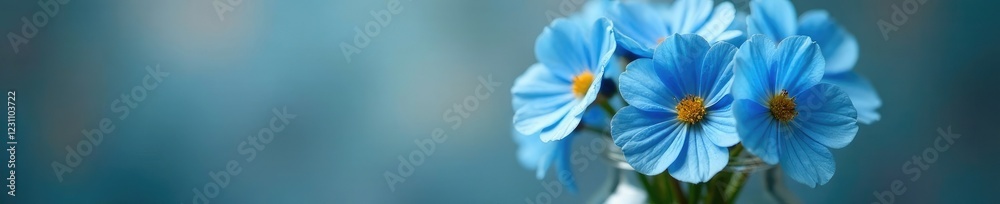 Small forget me not blue flowers in a glass vase, delicate blooms, flowers, petals