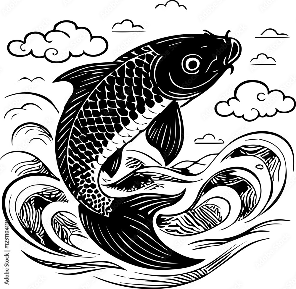 Vector Illustration of Koi Fish with Clouds and Water Elements for tattoo Vector Illustration of Koi Fish with Clouds and Water Elements for tattoo
