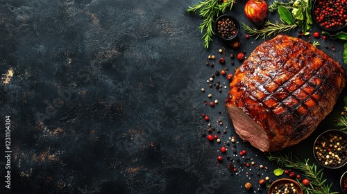 Glazed ham with herbs and spices on dark background. Perfect for holiday recipes, food blogs, or restaurant menus. photo