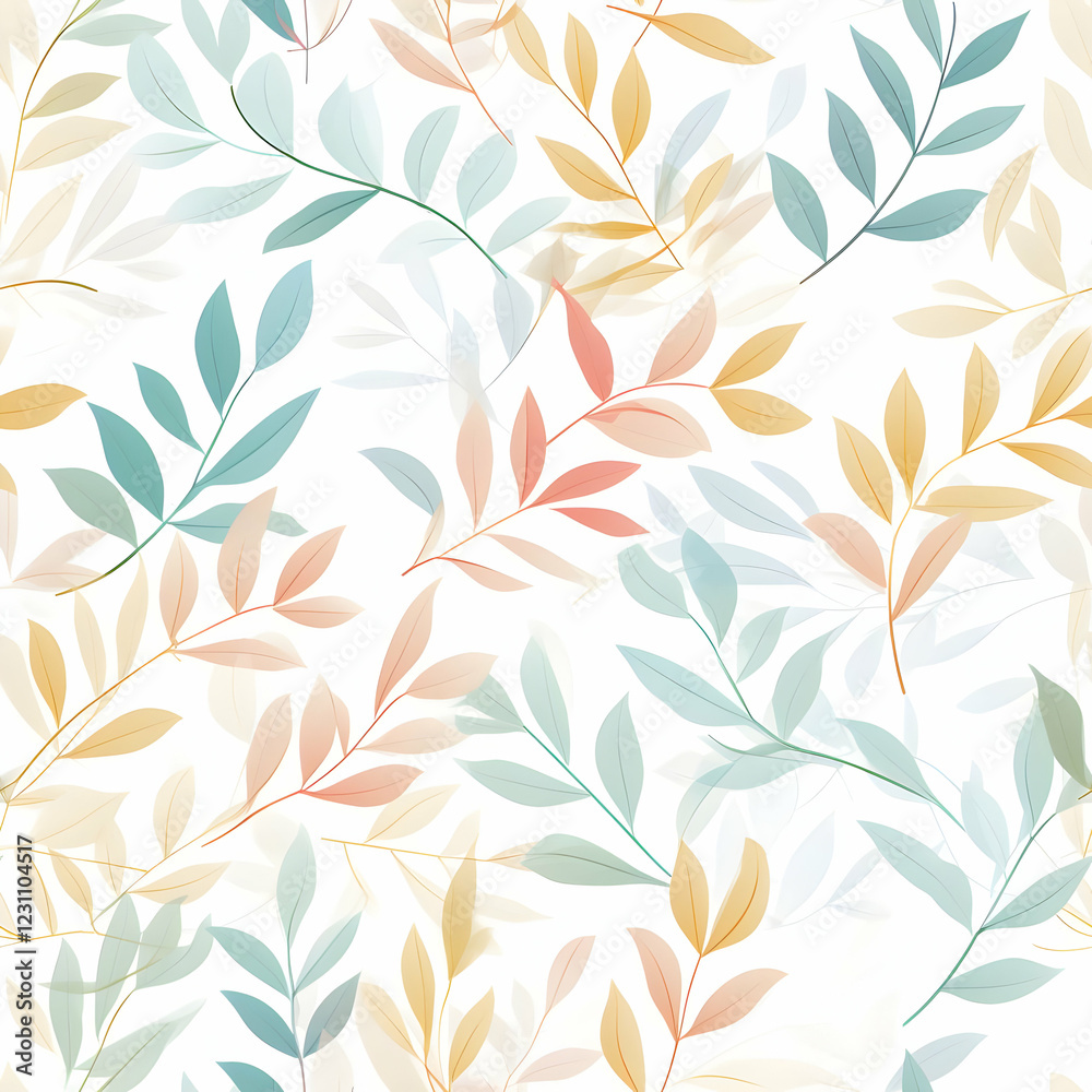 A soft, pastel-colored pattern of leaves on a white background for design purposes. A soft, pastel-colored pattern of leaves on a white background for design purposes.