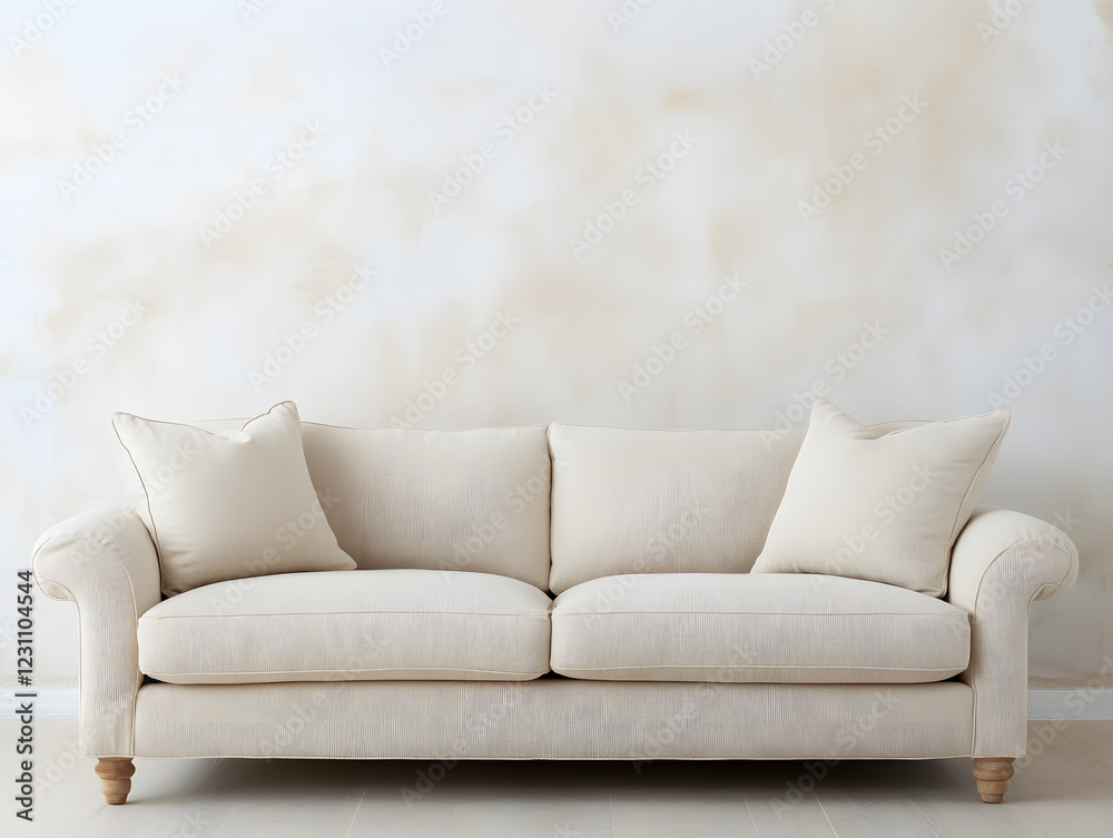 Fototapeta premium Cozy beige sofa with plush cushions against neutral wall, perfect for relaxation