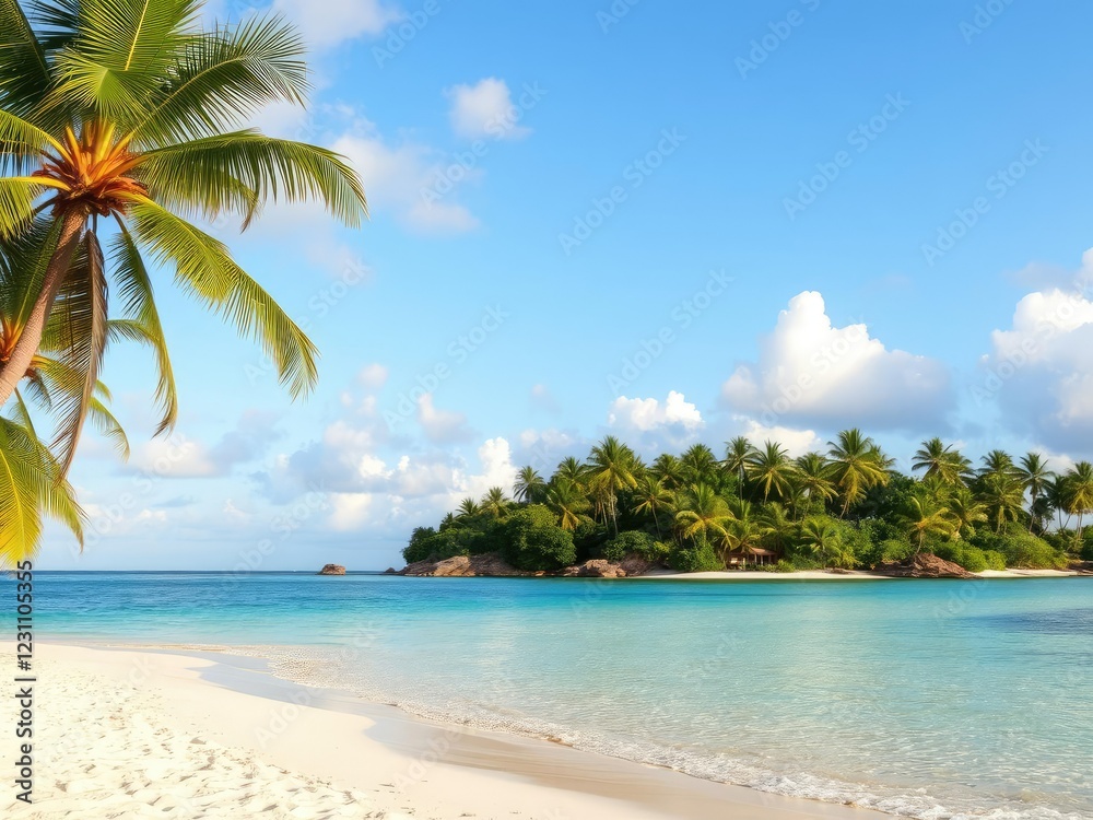 Obraz premium Sandy beach with crystal clear blue waters and palm trees, summer, shoreline, destination