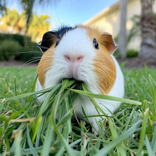 Cut fat guinea pig eating a lot of grass full mouth on house garden meadow park outdoor