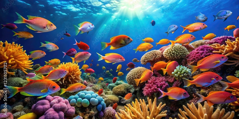 Fototapeta premium School of colorful fish swimming in the vibrant coral reef background, tropical fish, oceanic landscape