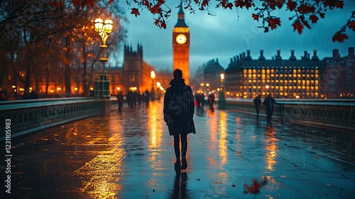 A solitary figure walks a rain swept London bridge