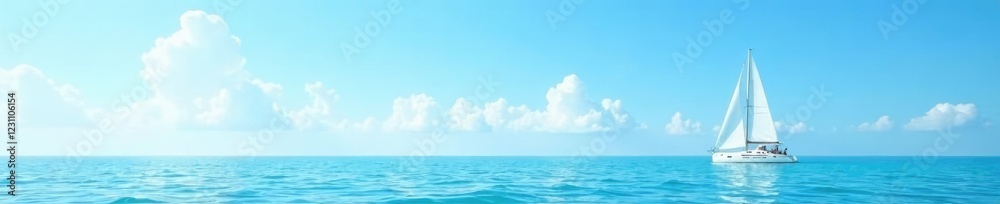 A single sailboat in the distance with a clear blue sky above, sea landscape, sky reflection, sailing ship A single sailboat in the distance with a clear blue sky above, sea landscape, sky reflection, sailing ship