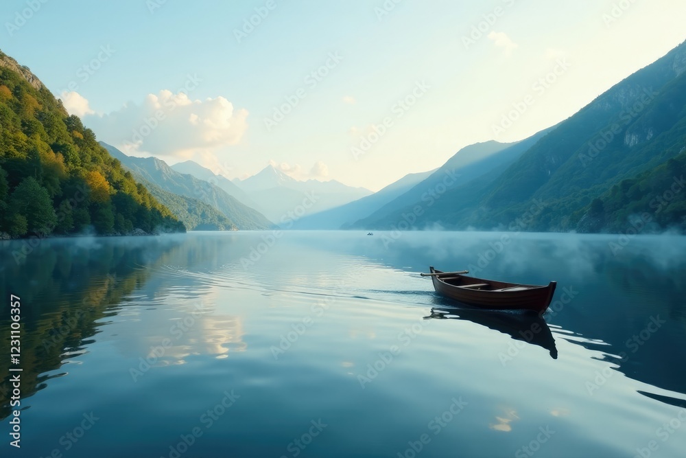 A small boat sailing across the calm waters of a lake, reflection, peaceful, tranquility A small boat sailing across the calm waters of a lake, reflection, peaceful, tranquility