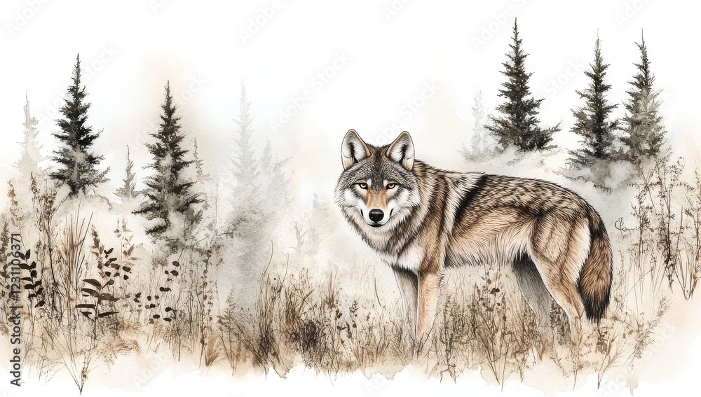 Obraz premium Artistic representation of the Alaskan wolf showcasing its connection to nature.
