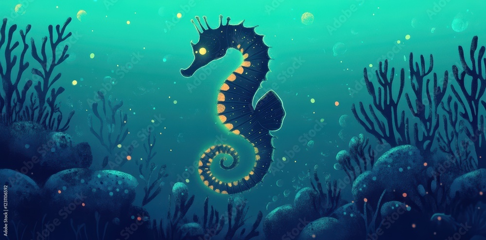 Fototapeta premium A luminous seahorse swims among vibrant coral reefs