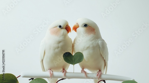 Two white lovey dovey budgie parakeet bird standing tree branch heart shape leaf kissing, cute romantic pet valentines day couple love white background photo