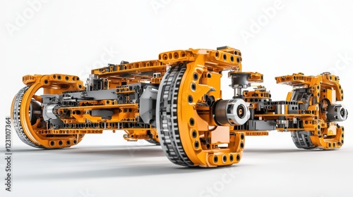 Detailed close-up of a modular robotic vehicle chassis showcasing intricate design and engineering