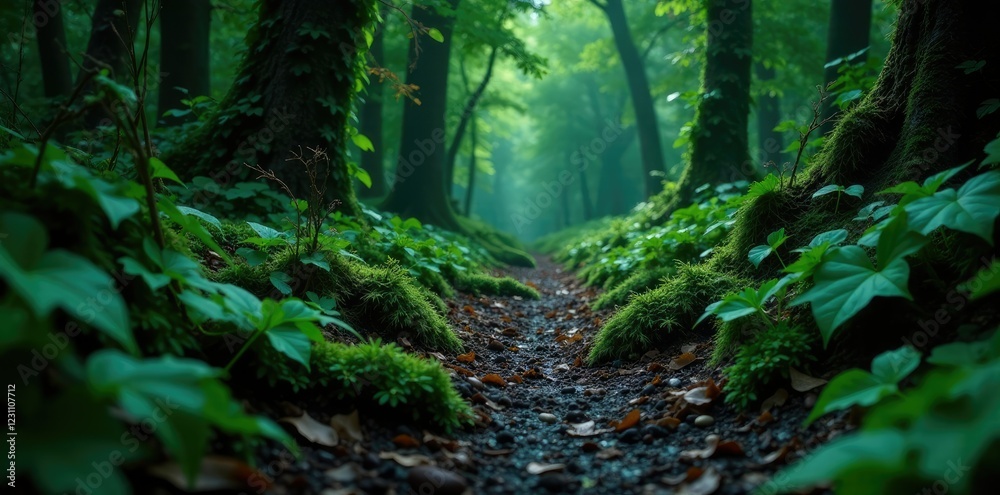 Dark forest ground with tangled vines and green leaves, dark, wet ground, overgrown Dark forest ground with tangled vines and green leaves, dark, wet ground, overgrown