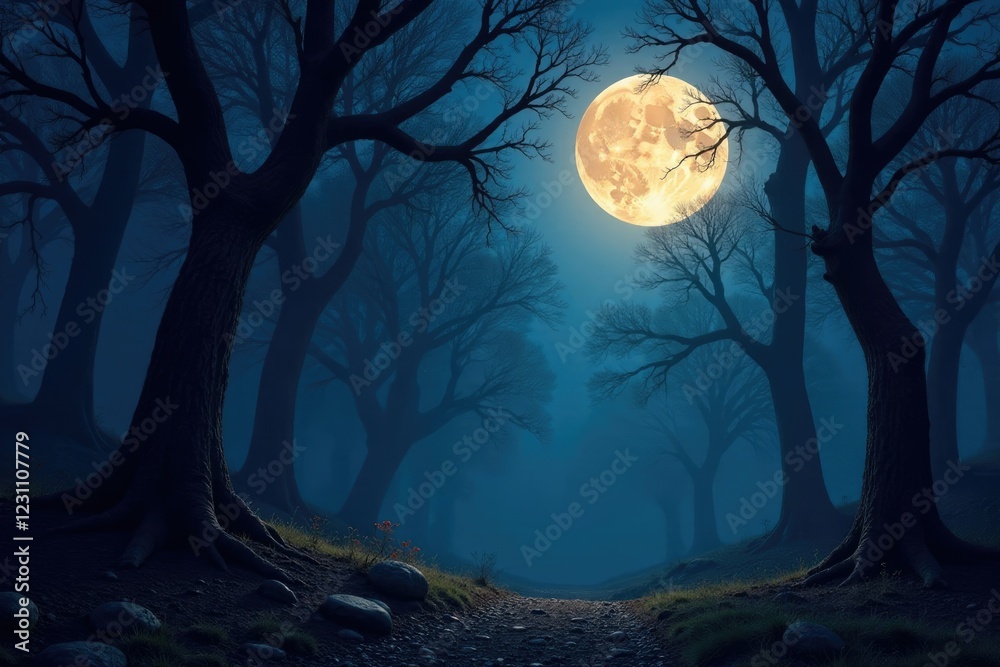 Dark forest with twisted trees and a full moon overhead, full moon, dark woods Dark forest with twisted trees and a full moon overhead, full moon, dark woods