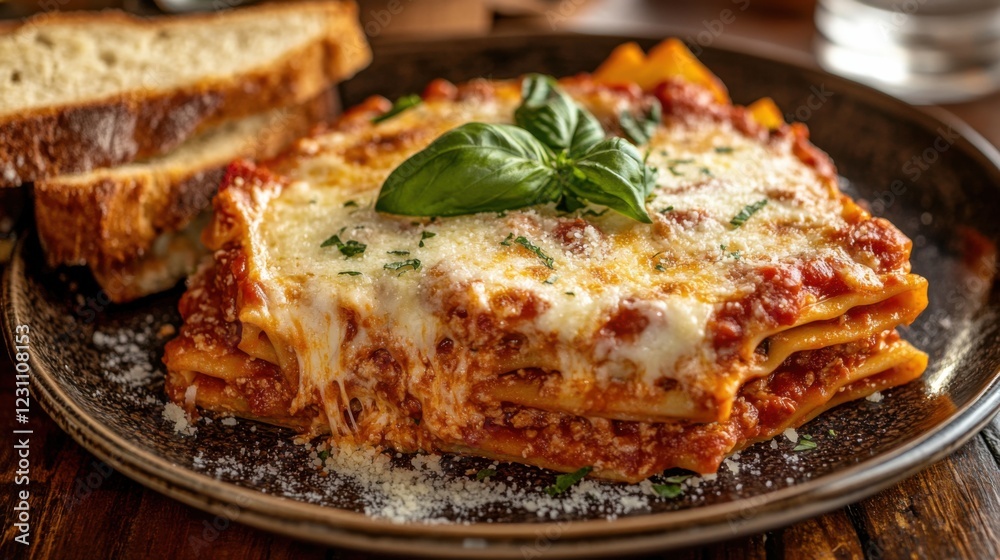 A rustic plate of baked ziti with marinara sauce, melted mozzarella cheese, and fresh basil A rustic plate of baked ziti with marinara sauce, melted mozzarella cheese, and fresh basil