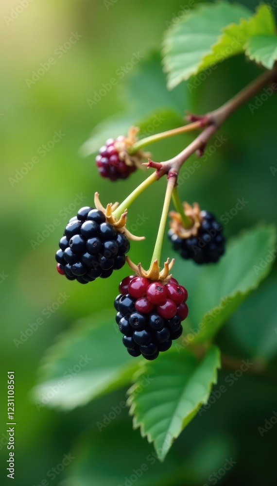 Delicate blackberry clusters hanging from branches, foliage, flowers