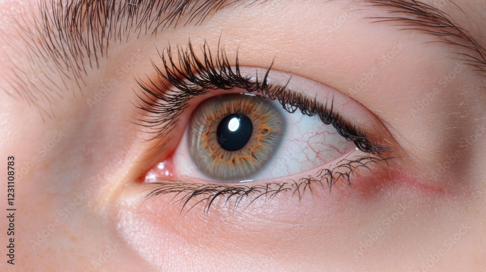 Close up red eye infection. Pinkeye Ophthalmology disease. Seasonal Allergic Conjunctivitis inflamation