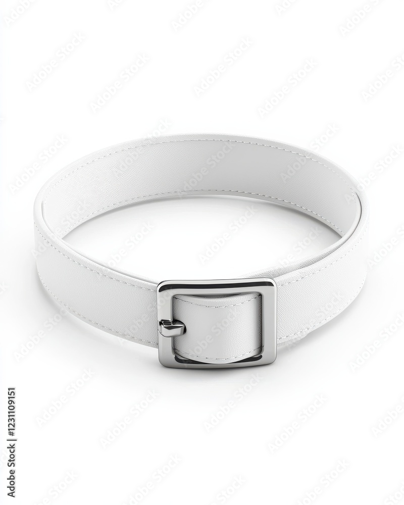 A sleek, white collar made of leather with a shiny silver buckle, perfect for adding a stylish touch to any outfit. A sleek, white collar made of leather with a shiny silver buckle, perfect for adding a stylish touch to any outfit.