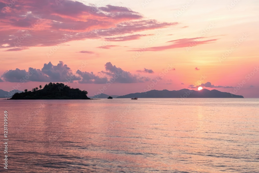 Soft pinks and blushing peaches illuminate a tranquil ocean scene as the sun sets behind a row of islands in the distance, natural beauty, beach Soft pinks and blushing peaches illuminate a tranquil ocean scene as the sun sets behind a row of islands in the distance, natural beauty, beach