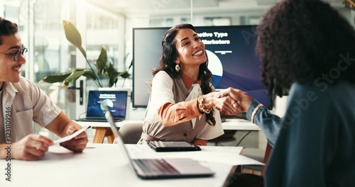 Happy business people, startup and handshake for deal, brand sponsorship or collaboration. Smile, creative team and shaking hands for cooperation, b2b partnership and negotiation agreement in office