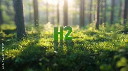 H2 eco technology Renewable Clean energy. H2 symbol on green grass in the forest. Green Energy Hydrogen. Hydrogens environmental friendliness and Potential as a future fuel.H2 hydrogen innovation. photo